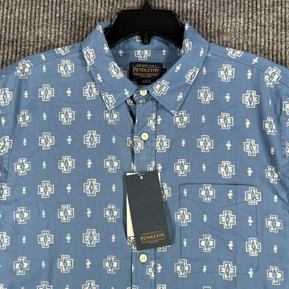 Pendleton Shirt Mens Large Blue Geometric Short Sleeve Button Comfort New - Picture 4 of 15